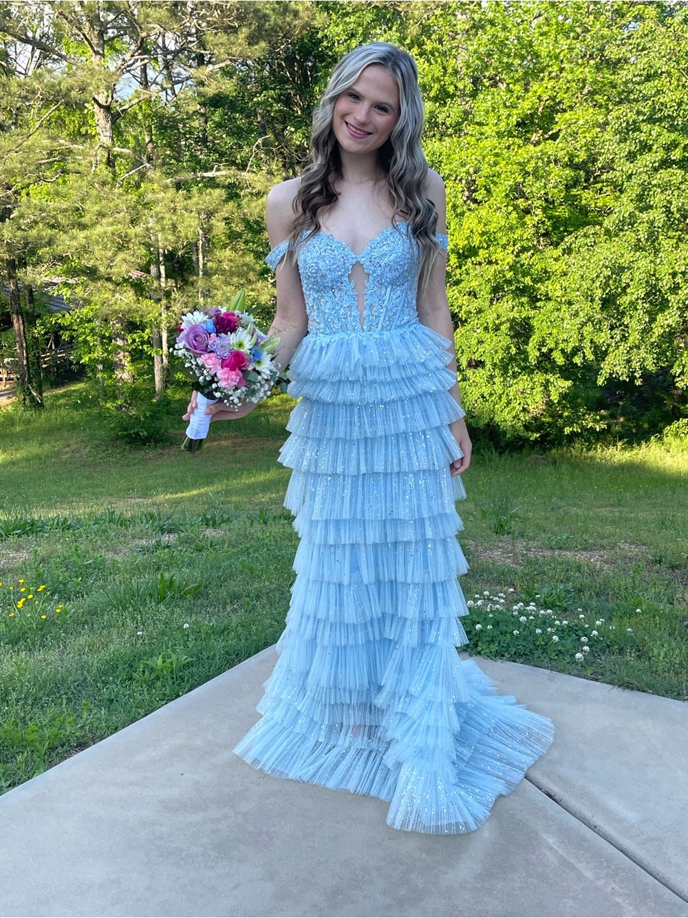 Sherri Hill Sky Blue Ruffled Tulle Prom Dress with Lace Bodice